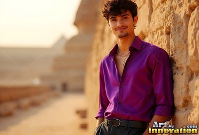 Near the stone pyramids, a beaming man rests back in an open deep purple shirt