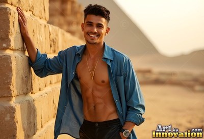 Smiling by stone blocks, a man in an unbuttoned blue shirt stands near pyramids in warm light
