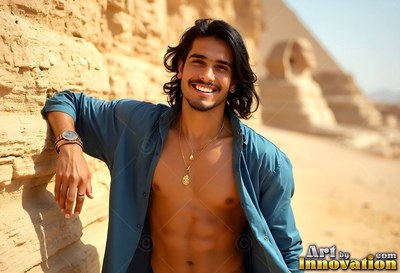 Smiling man in an unbuttoned blue shirt by the Sphinx