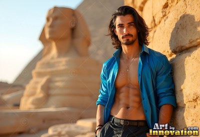Unbuttoned blue shirt open on a man leaning against warm stone by the Great Sphinx