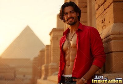 A smiling man props himself by stone pillars in an open red shirt in warm golden light
