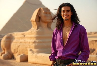 Facing forward, a cheerful man with an open light purple shirt stands by the Great Sphinx