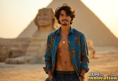 A beaming man wearing an unbuttoned blue shirt stands before the Sphinx in warm sunlight