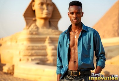 In front of the Sphinx, a man stands in an unbuttoned blue shirt