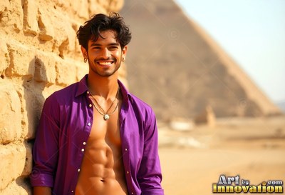 Smiling by a stone wall, a man wears an open purple shirt near the Giza pyramids