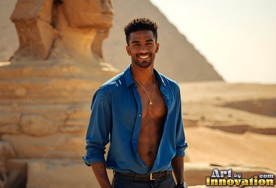 Beaming man dressed in an unbuttoned blue shirt stands by the Sphinx