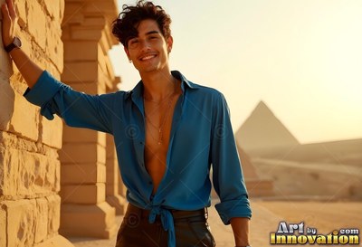 A happy man in an open teal smooth silk shirt leans on a stone wall near pyramids