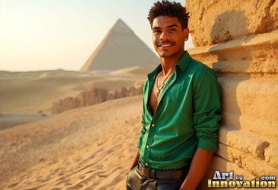 A happy man reclines on a stone wall before the desert pyramids in warm sunlight