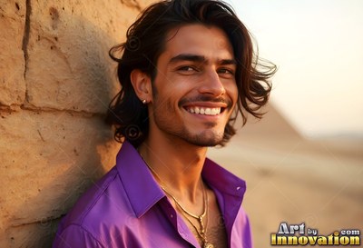 Leaning against stone in Giza, a beaming man wears an open bright purple shirt
