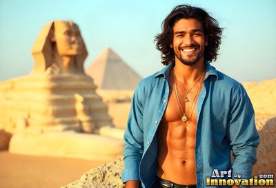 A grinning man dressed in an unbuttoned blue shirt stands by the Sphinx in bright sunlight