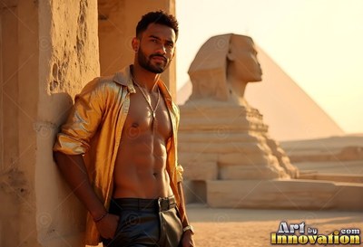 At the Great Sphinx, a bearded man rests on stone in an open gold shirt