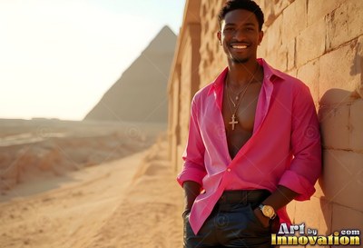Smiling in the desert sun, a man in a bright pink smooth silk shirt leans near a pyramid