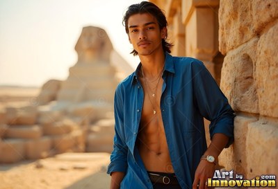 A man in an unbuttoned blue shirt leans near the Sphinx