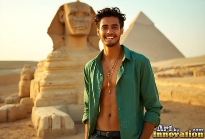 Wearing an open green shirt, a smiling young man stands by the Great Sphinx in Giza desert light