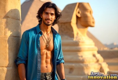 A man smiles in an open blue shirt near the Sphinx in warm sunlight