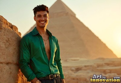 A happy man in an unbuttoned green shirt leans on a rock by a sunny pyramid