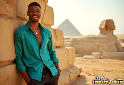 By the Great Sphinx, a smiling man tilts back on stone blocks in a deep teal shirt