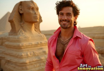 Smiling outdoors, a man with an open pink shirt stands by the Great Sphinx