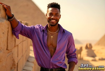 Grinning man dressed in an unbuttoned dark purple shirt near the Sphinx