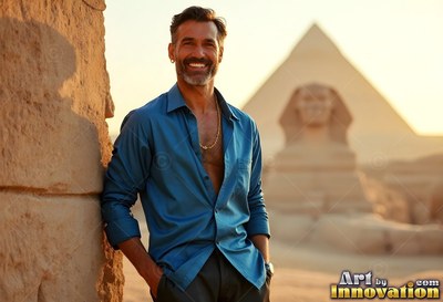 A cheerful man in an open blue thin silk shirt stands by stone with the Great Sphinx behind him