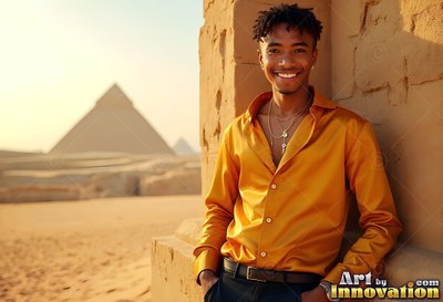 A cheerful man reclines on stone by the pyramids, wearing a yellow smooth silk shirt in warm sunlight