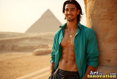 Leaning against a stone wall in the desert, a smiling man in a teal open shirt