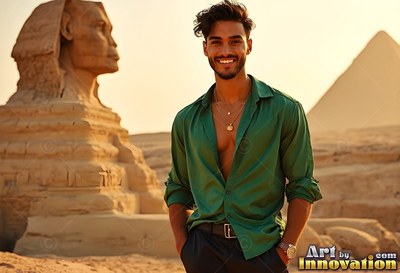Grinning man wearing an unbuttoned green soft silk shirt stands near the Great Sphinx