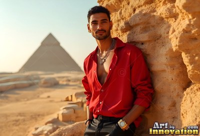 By a stone wall near a pyramid, a man wearing an open red shirt leans back in warm sunlight