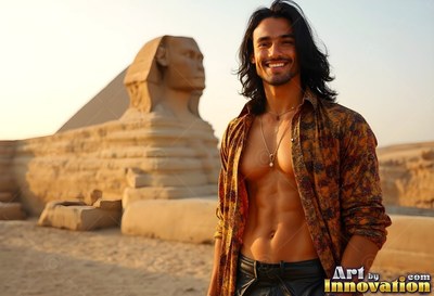Smiling in the desert sun, a man unbuttons his patterned shirt near the Sphinx