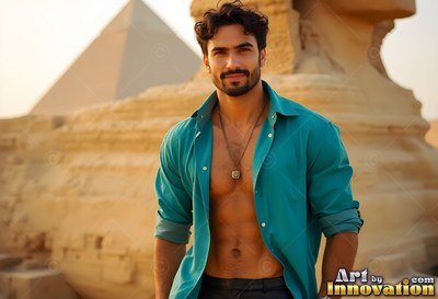 Man in an open turquoise shirt standing near the Sphinx
