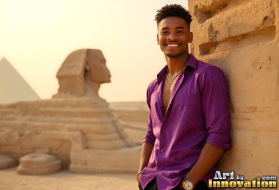 Wearing an unbuttoned deep purple shirt, a smiling man reclines on stone near the Great Sphinx