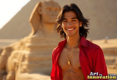 Smiling young adult man standing in an open red shirt before the Great Sphinx