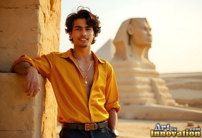 A smiling guy wearing an unbuttoned mustard shirt leans on stone near the Sphinx