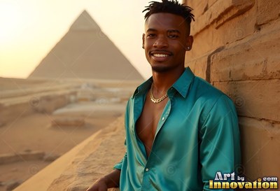Near the Giza pyramids, a cheerful man wears an open teal smooth silk shirt