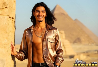 Smiling in the sun, a man in an unbuttoned gold silk shirt stands before pyramids