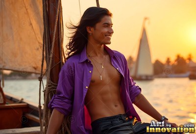 Wearing an open purple shirt, a happy man sits on a wooden boat at sunset