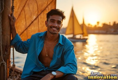 A man in an open blue shirt smiles from a wooden boat in the golden sunset light