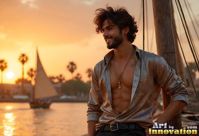 Leaning back on a boat, a happy man wears an open tan shirt on the Nile at sunset