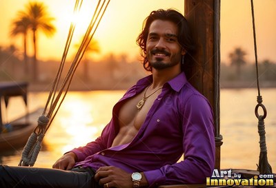 A grinning man rests on a wooden boat at sunset in an open light purple shirt