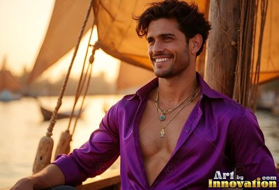 On a wooden boat, a smiling man wears an open purple silk shirt at sunset