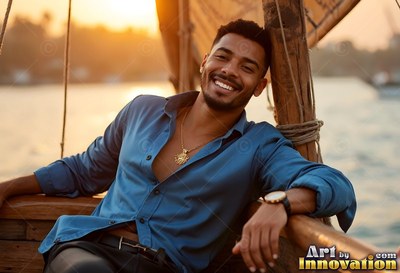 Smiling warmly, a youthful man in an open blue shirt leans back on a wooden boat at sunset