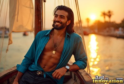 Smiling man in an open blue shirt on a boat at sunset