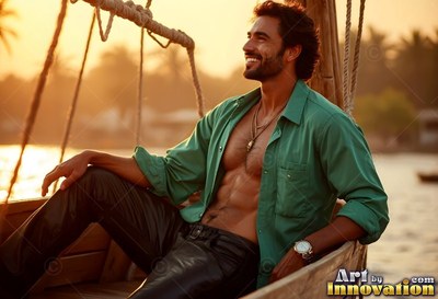 Wearing an open green shirt, a grinning man sits on a wooden boat at sunset