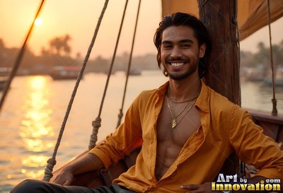 A smiling man rests on a wooden boat in an open yellow shirt during a golden sunset