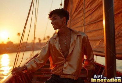 Sitting back on a felucca sailboat, a smiling man wears a gold smooth silk shirt at sunset