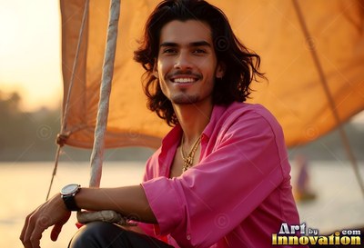 A cheerful man dressed in an open pink shirt sits on a sailboat at sunset