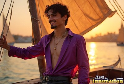 On a sailboat at sunset, a smiling man stands in an open purple shirt