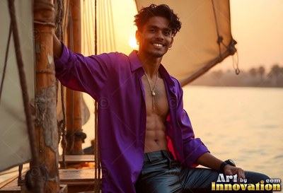 Smiling on a sailboat at sunset, a man sits in an open light purple shirt