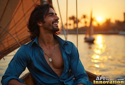 A smiling man wearing an unbuttoned blue shirt on a Nile boat at sunset