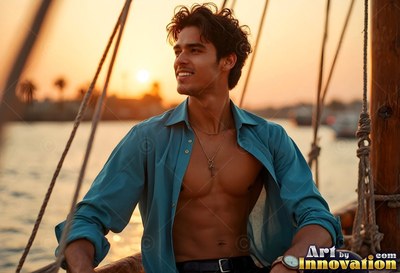 An open teal shirt shows a smiling guy's chest on a boat during sunset on the Nile